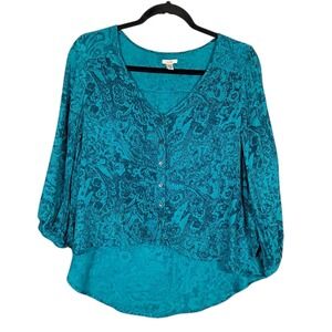 Ecote Shirt Top Womens XS Teal Cropped Paisley Grunge Lightweight Boho Oversized